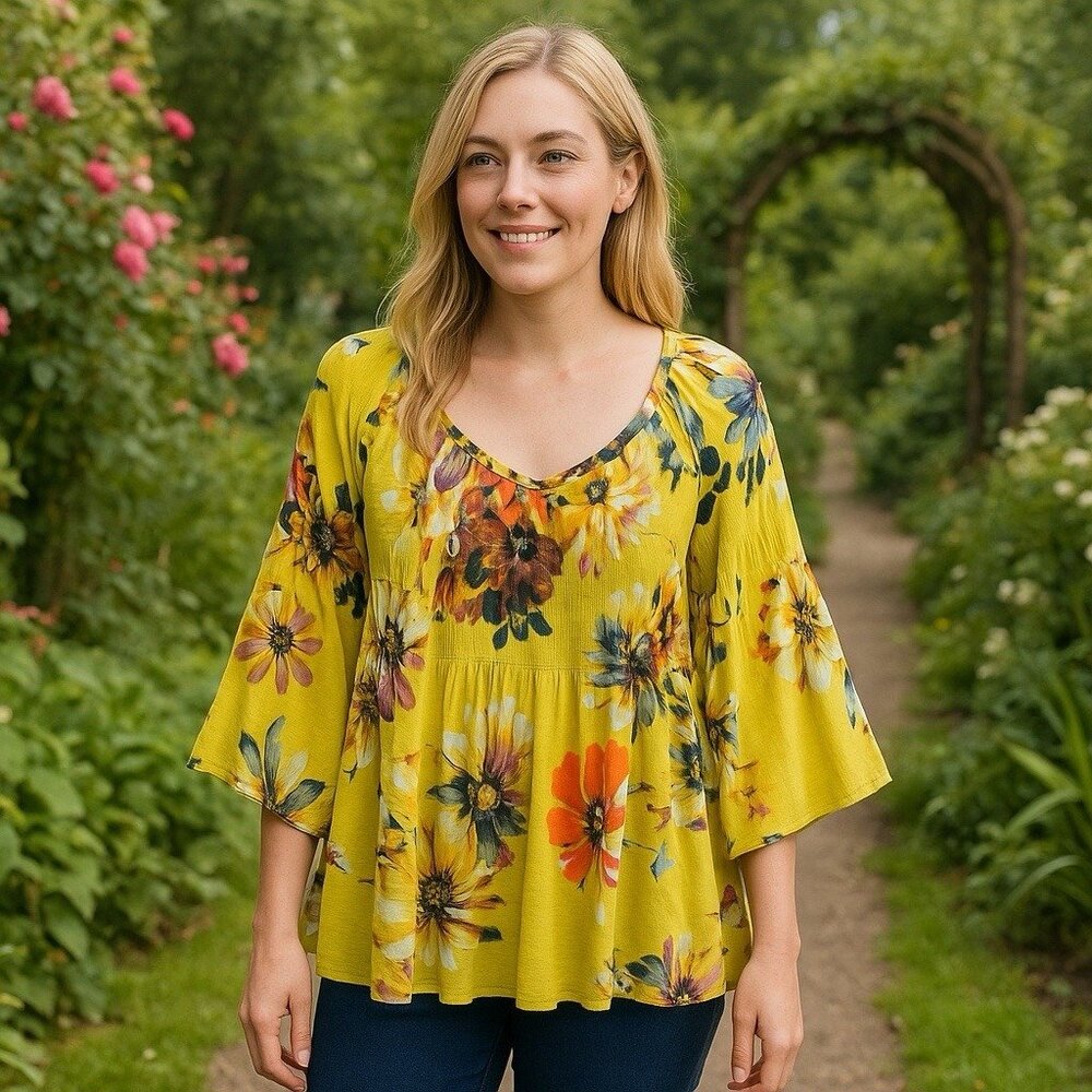 Spense Yellow Floral Babydoll Blouse Boho Peasant‎ Fairycore Ethereal Garden M
